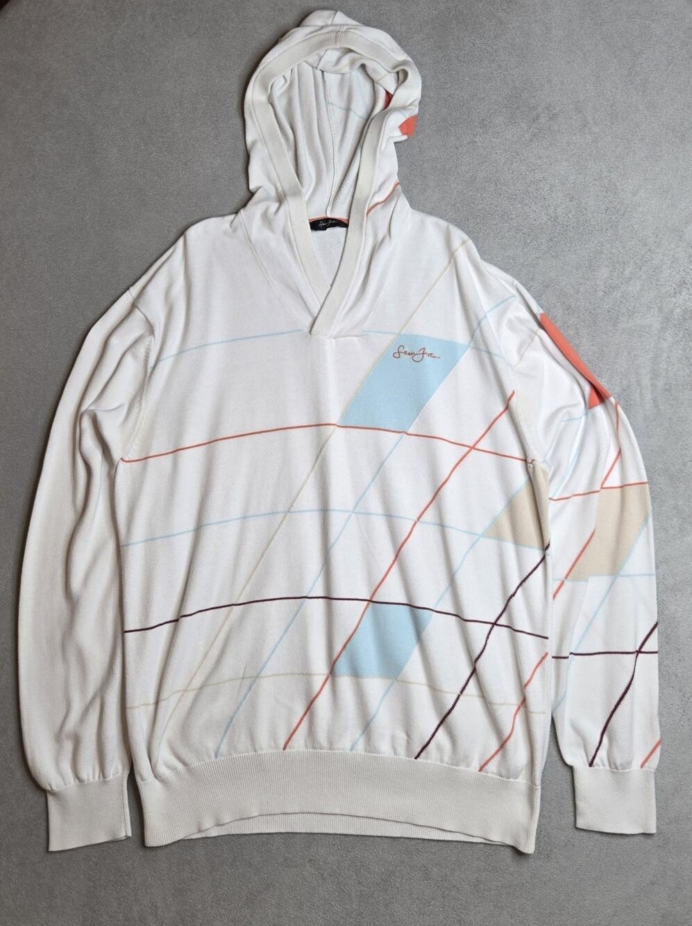 Sean John Men's Lightweight Cotton Knit Pullover Hoodie Argyle Pattern White